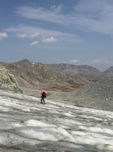 Michael on the glacier with view down the valley